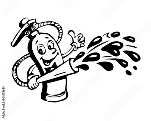 fire extinguisher fighting with fire and showing thumbs up cartoon black and white