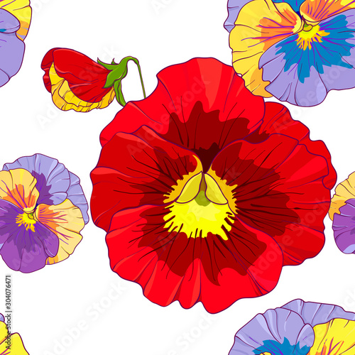 Bright red and blue and purple flowers of pansy . Seamless vector pattern. Hand drawing vector illustration.