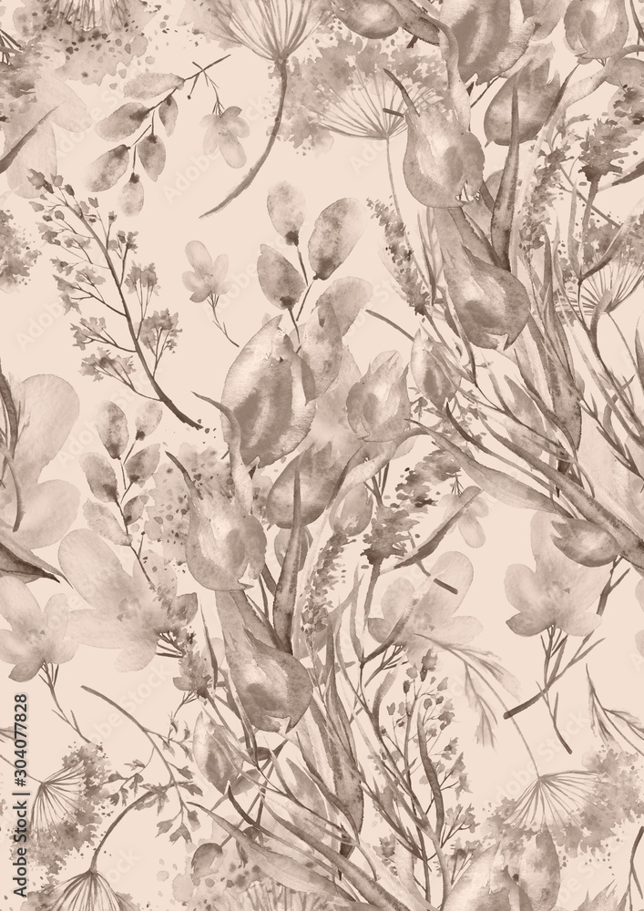 Watercolor seamless pattern, background with a floral pattern. Beautiful vintage drawings of plants, flowers,willow branch, berry,lavender, branch, tulip, cornflower, field or garden flowers. 