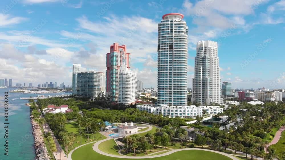 Drone shot of buildings at south point pier in Miami Florida Drone shot of buildings at south point pier in Miami Florida