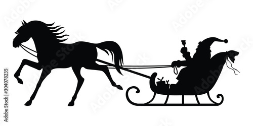 Vector illustrations of silhouette of Santa Claus rides a horse-drawn sleigh