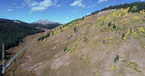 Amazing Colorado vista with mountains and changing fall aspen leaves. Drone 4k 60fps photo