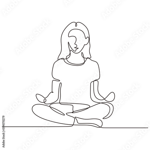 Continuous one line drawing of girl doing yoga sitting in lotus. Woman relaxation and meditation for healthy body and positive mind. Vector illustration minimalism sport theme design.