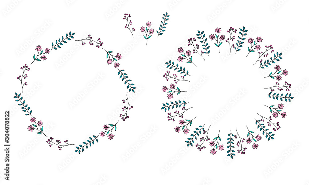 Set of cute wreaths and elements of red and pink flowers, berries and green twigs in doodle style on a white background. Vector stock illustration.