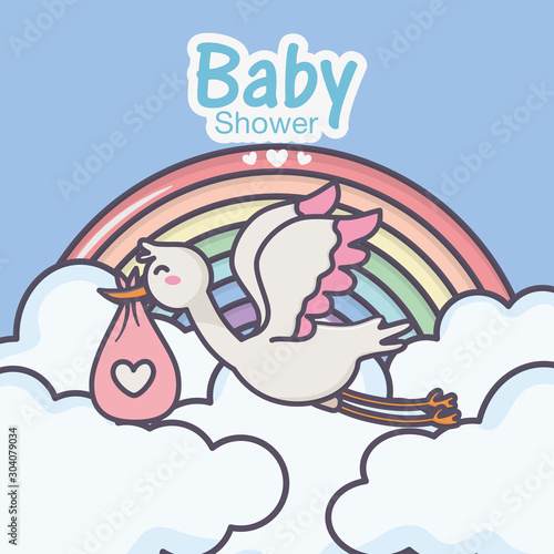baby shower stork diaper pink rainbow clouds