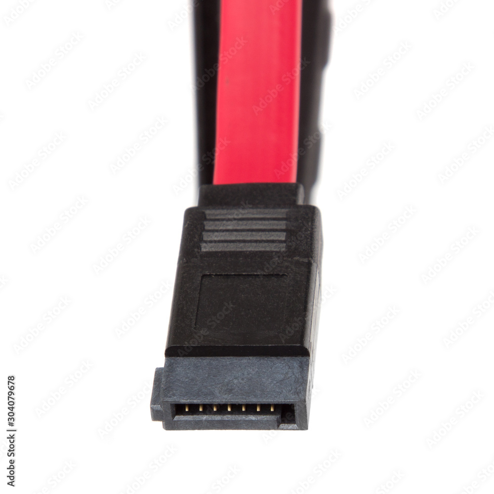 Red sata 3 computer cable, closeup connector isolated on white background Red sata 3 computer cable, closeup connector isolated on white background
