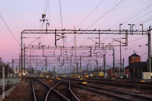 Railway yard at beautiful sunset background in Kouvola, Finland.