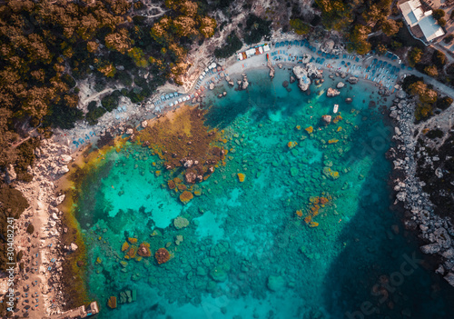 Anthony Quinn Bay. The most beautiful beach at Rhodes island. bird's eye view from above, rocks, clear sea, beach and Bay with people.