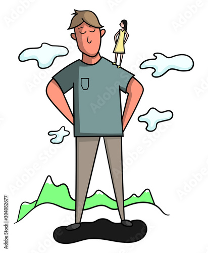 Cartoon style illustration of a woman standing on the shoulder of a giant. 