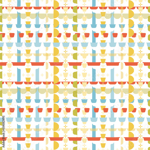 Retro geometric check kitchen utensil pattern. Seamless vector background. Colorful vintage kitchen bowl on white backgroud. For fabric, wallpaper, packaging, print. Vintage kitchen background.