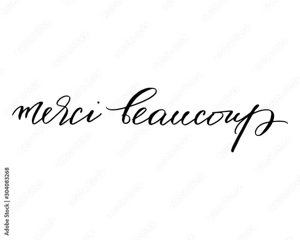French phrase merci quote modern calligraphy lettering merci beaucoup thank you very much handwritten black text isolated on white background vector. Each word is on the separate layer 