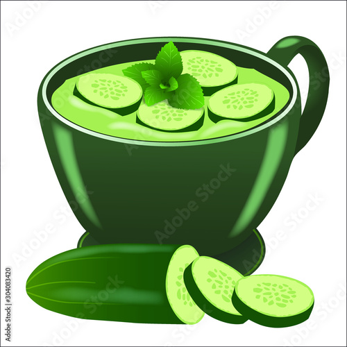 Illustration vectorielle d’un bol vert de soupe froide au concombre et à la menthe.