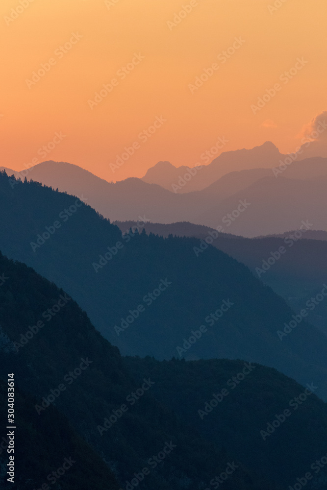 Orange colors in sunrise, Bohinj valley