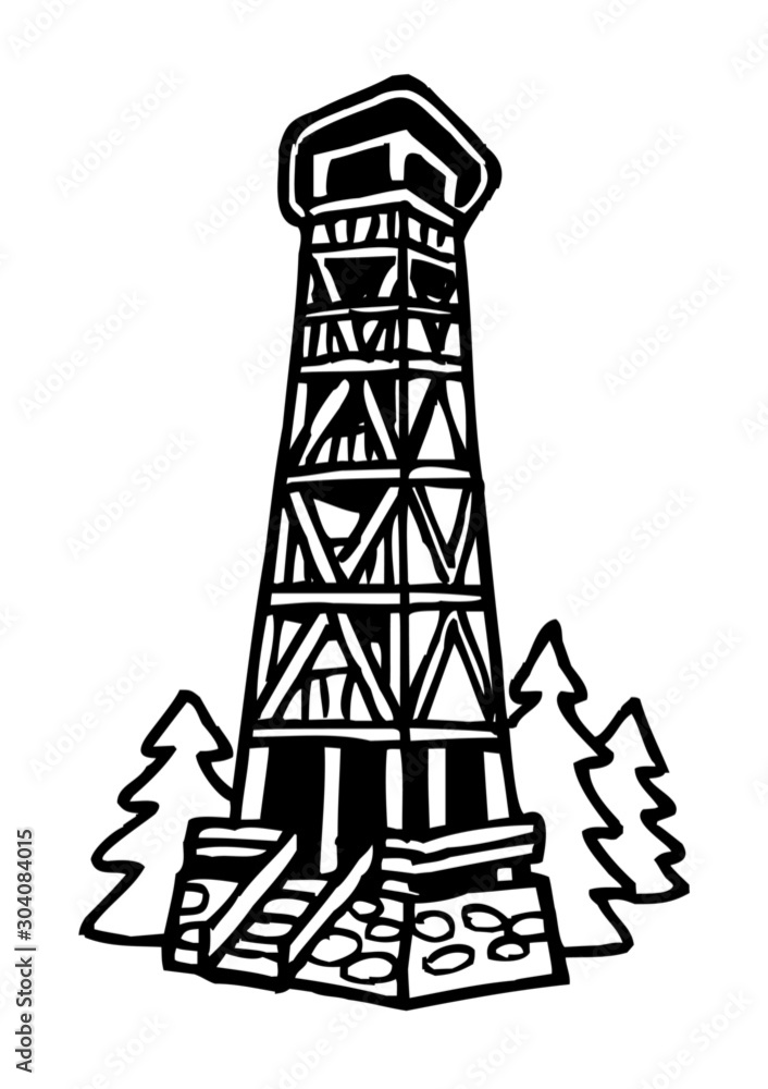 lookout tower from wood on hill in forest, black and white clipart