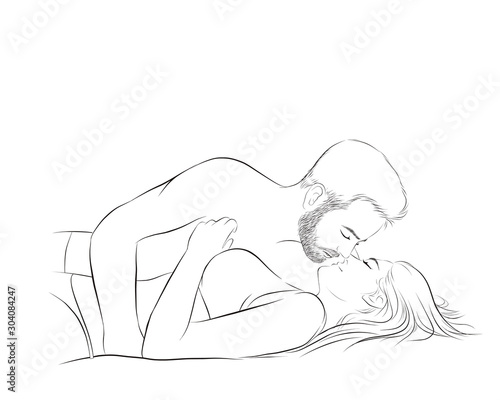 loving young couple hug and kiss together.  vector illustration isolated cartoon hand drawn	