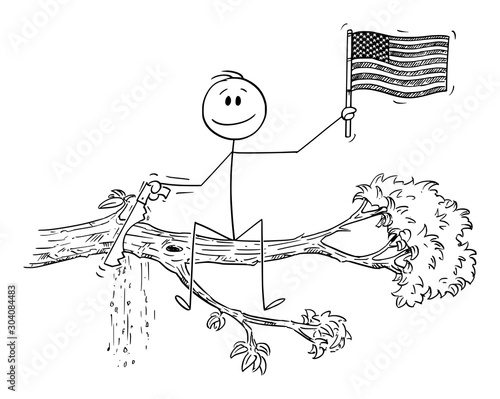 Vector cartoon stick figure drawing conceptual illustration of man waving the flag of United States of America or USA, and cutting with saw the tree branch on which he is sitting.