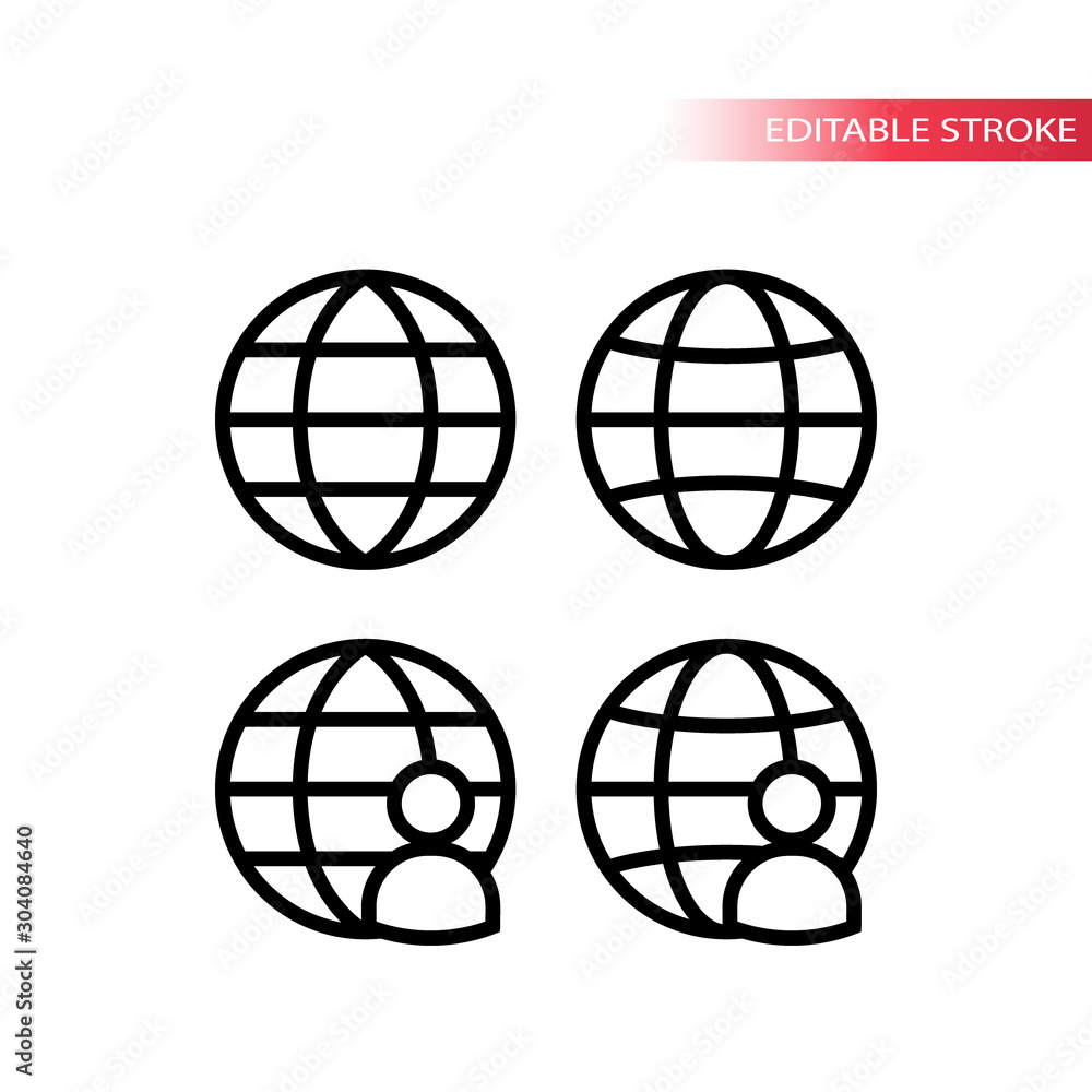 Obraz Globe with person or profile icon, sign for website thin line vector set. Editable stroke.