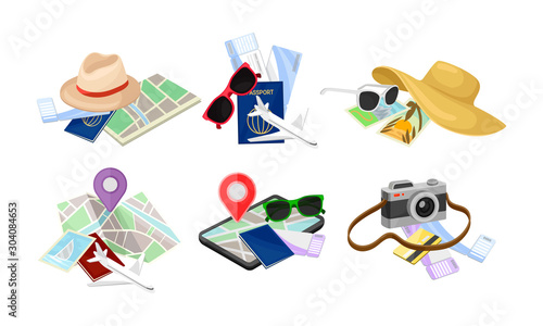 Travel Accessories, Items And Baggage For International Trip By Airplane Vector Illustration Set Isolated On White Background