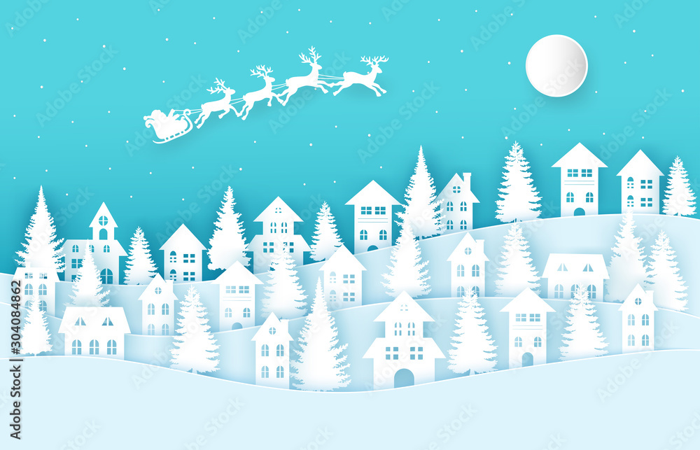 Winter landscape with houses and trees.Santa Claus on the sky in winter season.Merry Christmas and Happy New Year. paper art design.Vector EPS 10.
