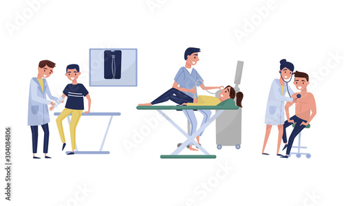 People Visit Different Doctors And Have Regular Examinations Vector Illustration Set Isolated On White Background