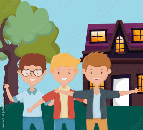 group of men hugging in front of the outdoor cottage