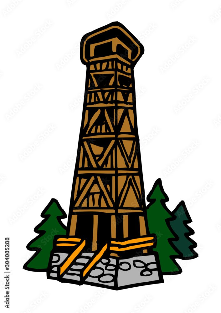 lookout tower from wood on hill in forest, color clipart