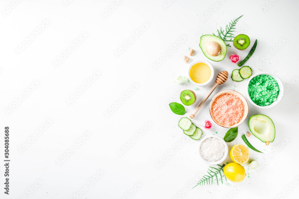 Natural and organic cosmetic concept. Spa and aromatherapy, Homemade cosmetics ingredients, extracts for natural beauty skincare product honey, lemon, almond, kiwi, cucumber, aloe vera, salt, yogurt - obrazy, fototapety, plakaty 