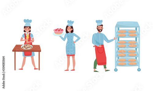 Smiling Baker Characters Baking Bread and Making Confections Vector Illustrations