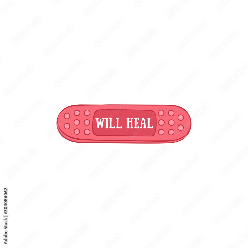 Will heal. Lettering. Medical plaster. Patch. Isolated vector object on a white background. Will heal. Lettering. Medical plaster. Patch. Isolated vector object on a white background.