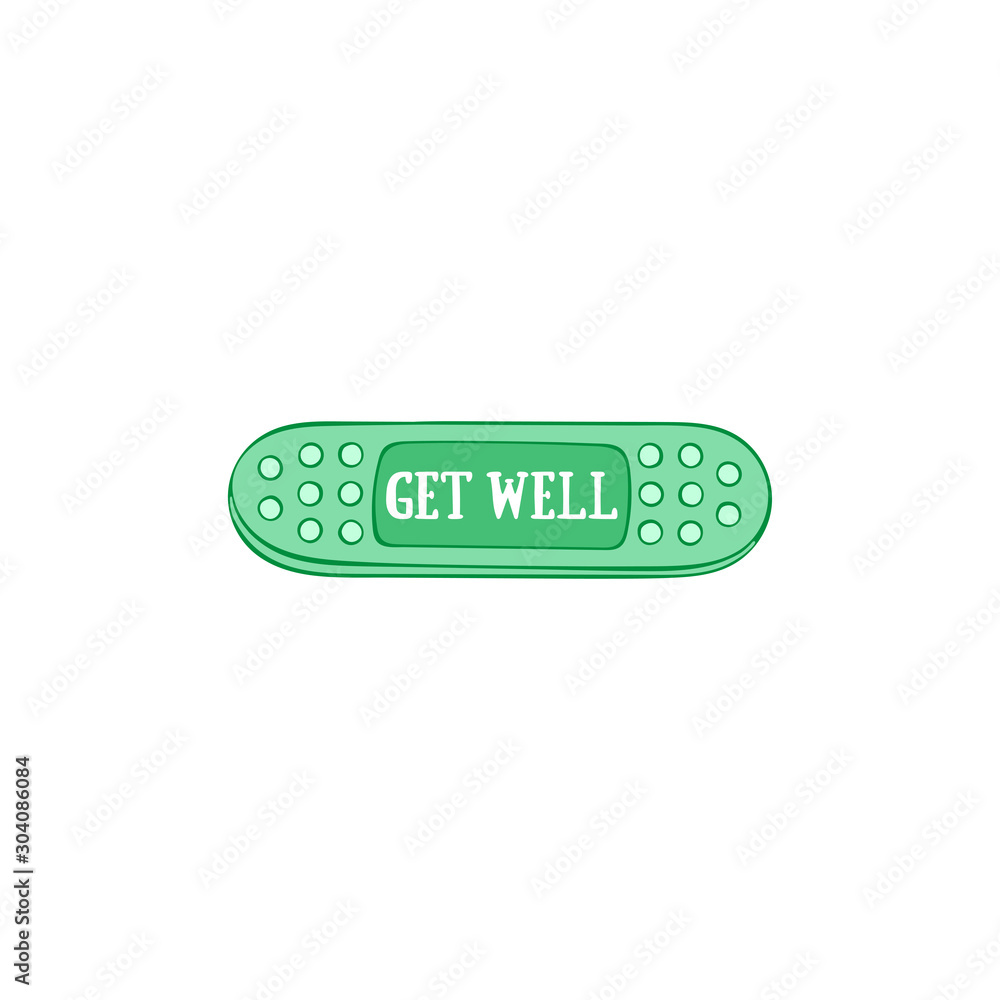Get well. Lettering. Medical plaster. Patch. Isolated vector object on a white background. Get well. Lettering. Medical plaster. Patch. Isolated vector object on a white background.