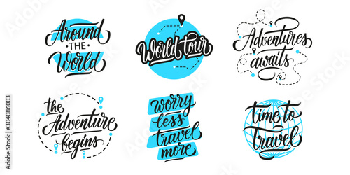 Travel, adventure, vacations lettering set. Handwritten phrases, slogans or quotes. Calligraphic elements for your design. Vector illustration.