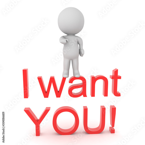 3D Character standing on top of text saying I want YOU !