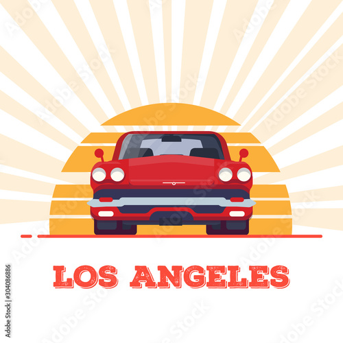 Front view of red muscle sport car from 60s. Sun and rays. Los Angeles vintage flat style banner. Vehicle and transport banner. Retro style old car from 60s.