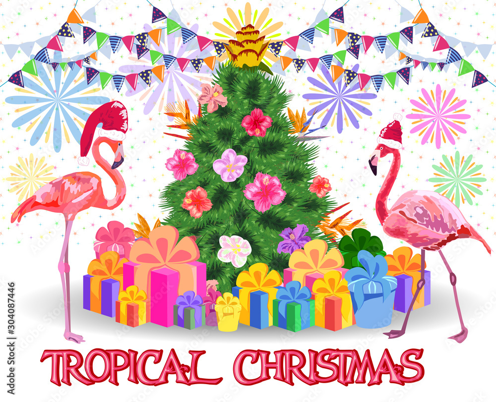 Fototapeta premium Christmas tree made of tropical monstera leaves, avocado, gifts under the tree and fireworks. New Year celebration concept, banner, postcard