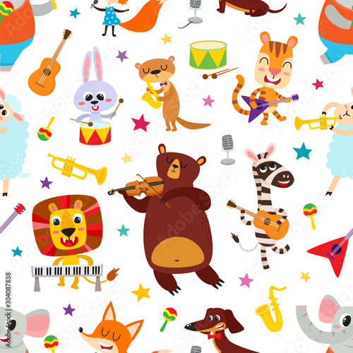 Wall Mural Cute adorable animals character with musical instrument.