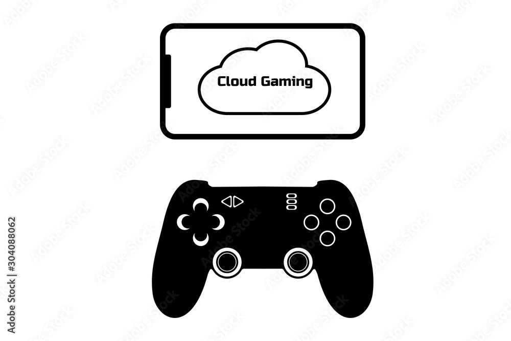 Cloud gaming concept. Modern smartphone and gamepad connected to the cloud  service. Future of mobile, pc, tablet, console games. Black flat simple  sign or icon. White background. Vector illustration Stock Vector
