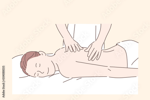 Health, massage, Spa treatment, relax concept. Young man or woman at the masseur, relaxation, rehabilitation. Patient came to therapist for help. Spa facilities. Kneading muscles of back. Flat vector.