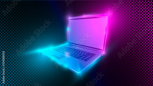 Laptop with blue and rose light on dark background. Notebook with empty blank screen. Computer technology and internet web communication concept.
