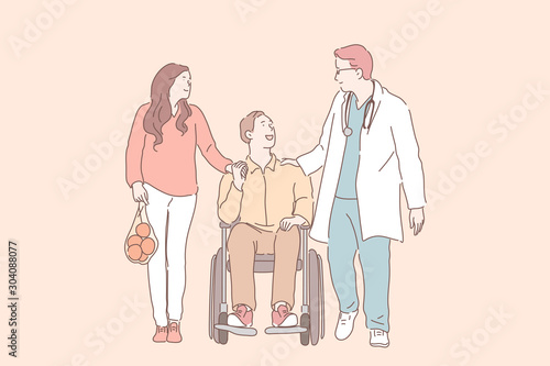 Disability, injury, health, support concept. Young man in wheelchair with his wife talking to physiotherapist. Positive prognosis, rehabilitation. Invalid guy and girl met with doctor. Flat vector.