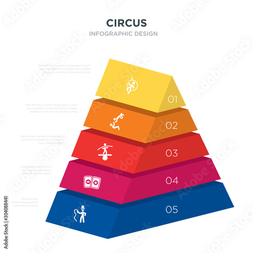 circus concept 3d pyramid chart infographics design included tamer, tarot, tightrope walker, trapeze, trapeze artist, _icon6_, _icon7_, _icon8_ icons