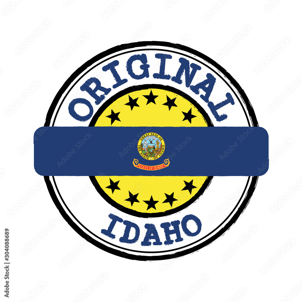 Naklejka premium Vector Stamp of Original logo and Tying in the middle with Idaho flag, the states of America.