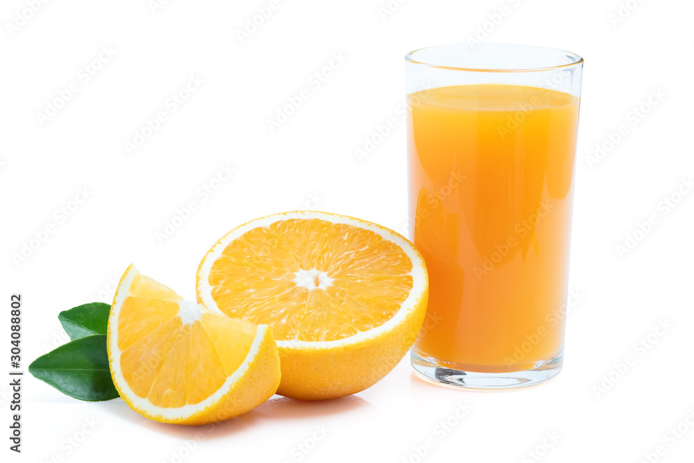 Glass of fresh orange juice with fruits sliced and green leaf isolated on white background Glass of fresh orange juice with fruits sliced and green leaf isolated on white background