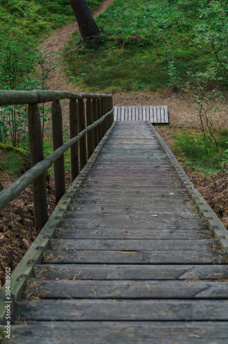 A wooden staircase in a pine forest in the dunes by the sea.