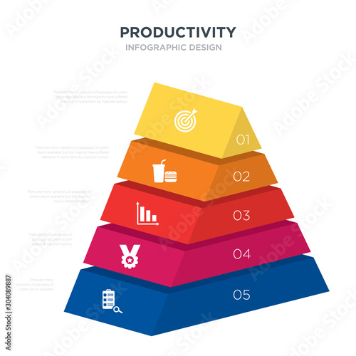 productivity concept 3d pyramid chart infographics design included analyze, appreciation, bar graph, break, bullseye with target, _icon6_, _icon7_, _icon8_ icons
