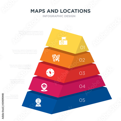 maps and locations concept 3d pyramid chart infographics design included you are here, college pin, compass, demographics, destination, _icon6_, _icon7_, _icon8_ icons