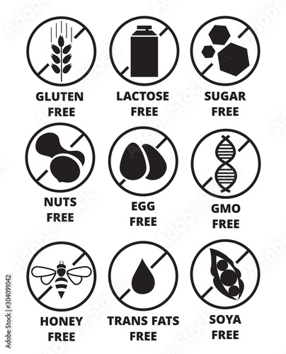 Allergen free labels set isolated on white vector illustration. Collection of food emblems without gluten, lactose, sugar, nuts, eggs, gmo, honey, trans fats, soya flat style. Diet, organic concept