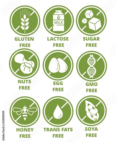 Collection of ingredient warning label icons. Set of allergen free green round emblems without gluten, lactose, sugar, nuts, eggs, gmo, honey, trans fats, soya flat style. Diet, organic concept photo