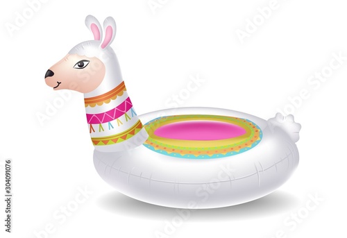 Childrens swimming circle in shape of alpaca vector illustration. Llama pool ring floater rubber inflatable toy flat style concept. Summer time concept