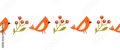Red cardinal bird and mistletoe branches seamless horizontal vector border. Repeating Christmas holiday border. Use for card decoration, fabric trim, ribbons