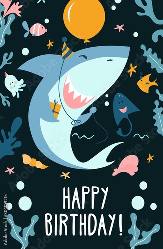 Childrens shark party invitation template vector illustration. Festive inviting or greeting card with cute baby shark with balloons, fishes, ramp and starfish on dark background